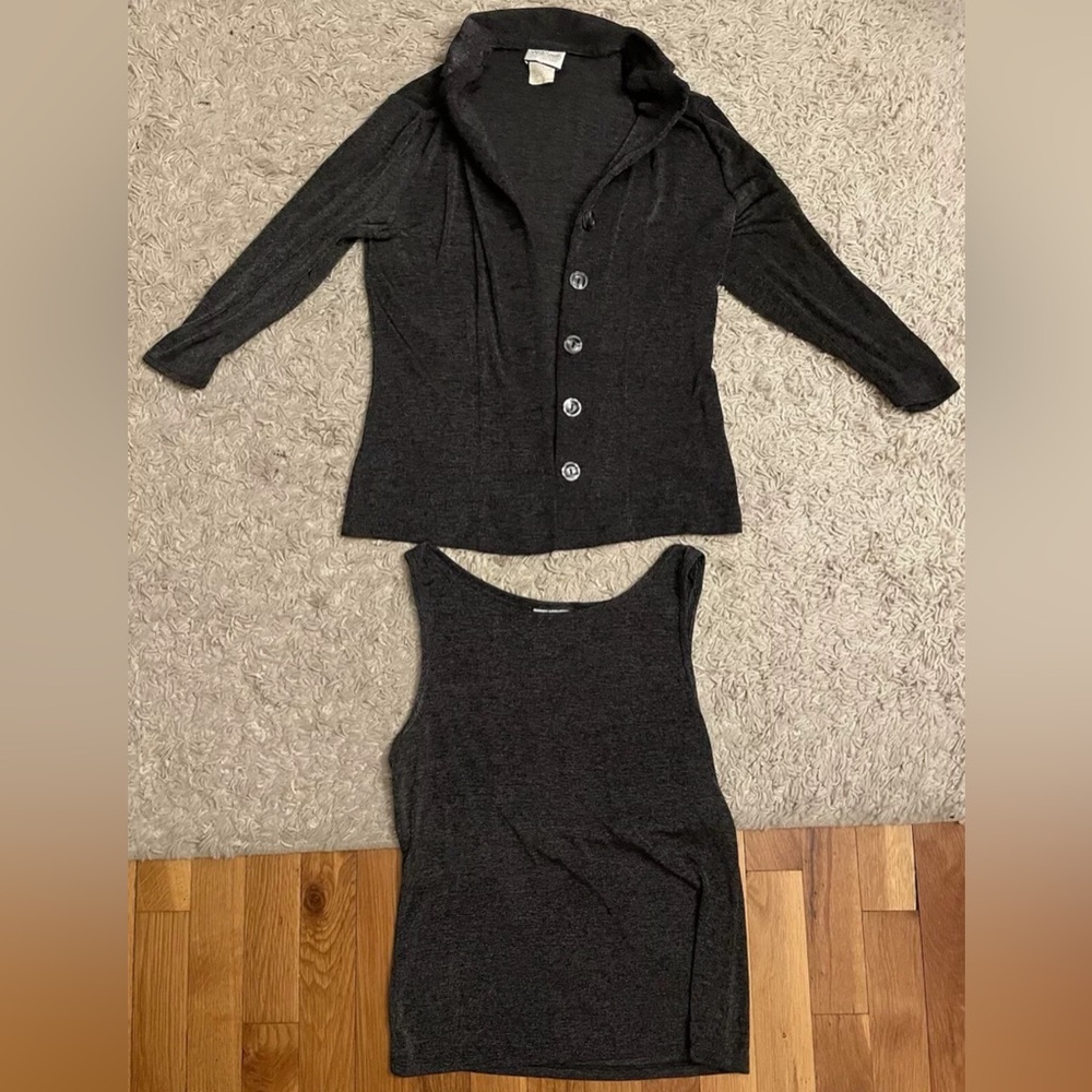 WILLI SMITH COLLECTION 2 pc gray Silver black sleeveless top cardigan S M Set
